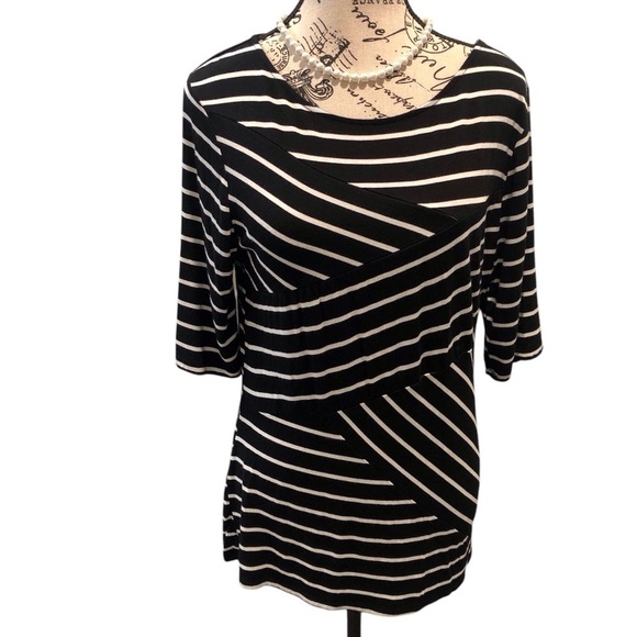 Cable & Gauge Large Black And White Stripe Crossover Front Blouse S/S Viscose - Picture 1 of 4